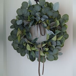 Wreath Flippers Handcrafted 14" Classic Eucalyptus Wreath with Striped Bow